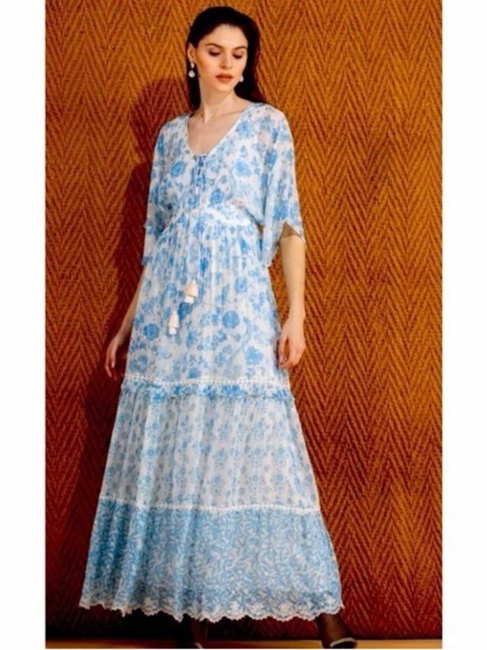 HEMANT & NANDITA Pale Blue Floral Tassel Maxi Dress